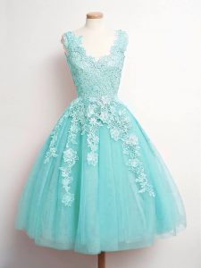 Aqua Blue V-neck Neckline Lace Quinceanera Court of Honor Dress Sleeveless Lace Up