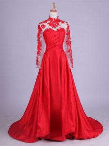 Captivating Red Zipper Prom Evening Gown Lace and Appliques Long Sleeves Brush Train