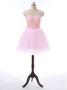 Sleeveless Tulle Mini Length Zipper Prom Evening Gown in Baby Pink with Lace and Appliques