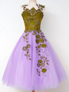 Suitable Lavender A-line Straps Sleeveless Tulle Knee Length Lace Up Appliques Dama Dress for Quinceanera