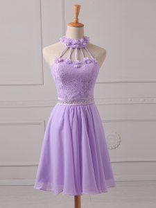 Halter Top Sleeveless Dama Dress Mini Length Lace and Appliques Lavender Chiffon