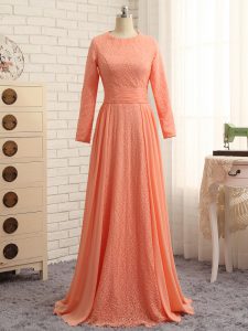 Scoop Long Sleeves Chiffon Prom Dress Lace Zipper