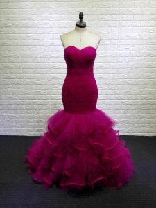 Sleeveless Brush Train Lace Up Beading and Ruching Prom Dress