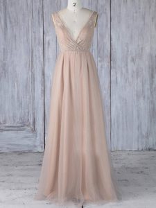 Stunning Tulle V-neck Sleeveless Zipper Lace Dama Dress for Quinceanera in Peach