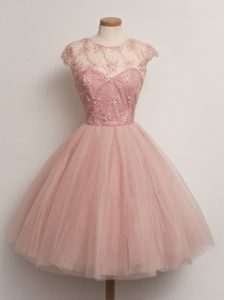Most Popular Knee Length Lace Up Quinceanera Court Dresses Peach for Prom and Party and Wedding Party with Lace