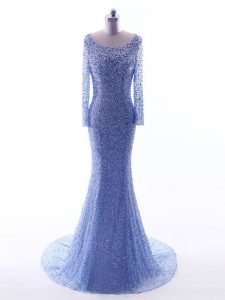 Blue Tulle Brush Train Long Sleeves Sequins
