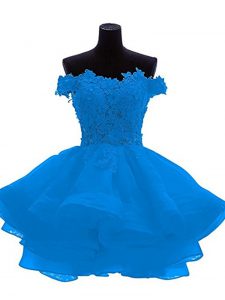 Nice Blue Off The Shoulder Zipper Lace and Appliques and Ruffles Prom Evening Gown Sleeveless