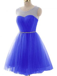 Scoop Sleeveless Prom Evening Gown Mini Length Beading and Ruching Blue Tulle