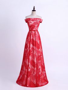 Empire Vestidos de Damas Red Off The Shoulder Printed Sleeveless Floor Length Lace Up