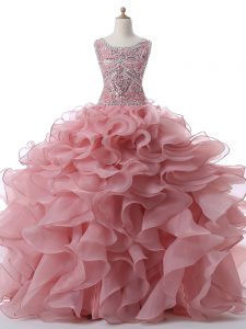 Elegant Scoop Sleeveless Ball Gown Prom Dress Floor Length Beading and Ruffles Pink Organza