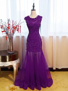 Eggplant Purple Mermaid Beading and Lace and Appliques Prom Gown Side Zipper Tulle Sleeveless Floor Length