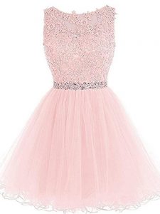 Best Scoop Sleeveless Prom Dress Mini Length Beading and Lace and Appliques and Ruffles Pink Tulle