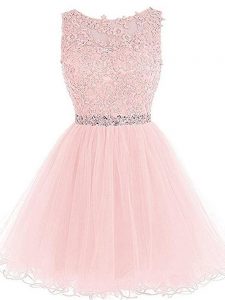 Best Scoop Sleeveless Prom Dress Mini Length Beading and Lace and Appliques and Ruffles Pink Tulle