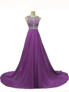 Backless Prom Gown Eggplant Purple for Prom and Party with Beading Brush Train