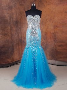 Floor Length Mermaid Sleeveless Baby Blue Prom Dresses Lace Up