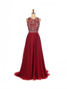 Chiffon Scoop Sleeveless Brush Train Criss Cross Beading in Wine Red