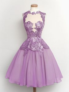 Customized Lace Dama Dress for Quinceanera Lilac Lace Up Sleeveless Knee Length