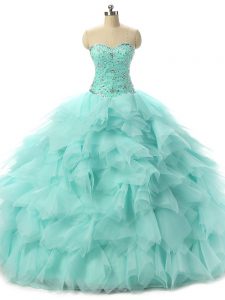 Comfortable Apple Green Ball Gowns Sweetheart Sleeveless Tulle Floor Length Lace Up Beading and Ruffles 15 Quinceanera Dress