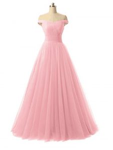 Beautiful Baby Pink A-line Off The Shoulder Sleeveless Tulle Floor Length Lace Up Ruching