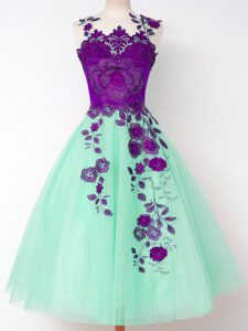 Fashion Apple Green A-line Straps Sleeveless Tulle Knee Length Lace Up Appliques Court Dresses for Sweet 16