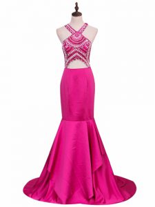 Glamorous V-neck Sleeveless Brush Train Backless Homecoming Dress Hot Pink Elastic Woven Satin
