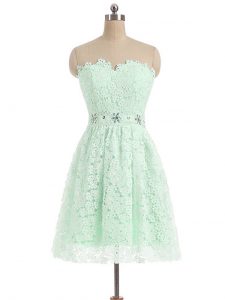 Comfortable Beading and Lace Dress for Prom Apple Green Zipper Sleeveless Mini Length