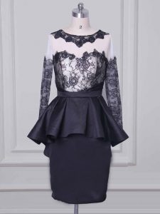 Custom Designed Black Column/Sheath Scoop Long Sleeves Satin Mini Length Zipper Lace and Appliques Prom Dresses
