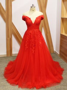 Modest Off The Shoulder Sleeveless Tulle Prom Evening Gown Lace and Appliques Brush Train Lace Up