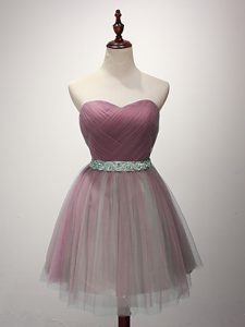 Pink Lace Up Sweetheart Beading and Ruching Vestidos de Damas Tulle Sleeveless