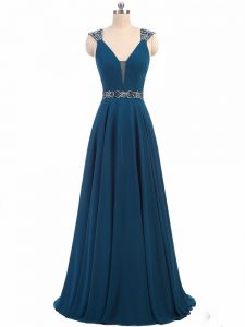 Romantic Cap Sleeves Chiffon Floor Length Lace Up Prom Dress in Teal with Beading