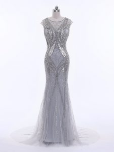 Grey Cap Sleeves Brush Train Beading Evening Dress