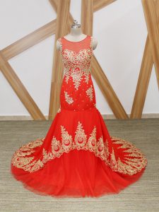 Mermaid Sleeveless Coral Red Prom Dresses Brush Train Zipper