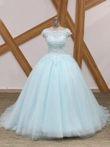 Luxury Light Blue Tulle Zipper Ball Gown Prom Dress Sleeveless Brush Train Beading and Lace
