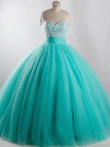 Turquoise Tulle Lace Up Strapless Sleeveless Floor Length Quinceanera Gowns Beading