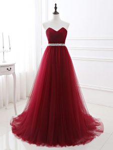 On Sale Sleeveless Tulle Brush Train Lace Up Prom Party Dress in Wine Red with Beading