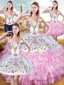 Dazzling Rose Pink Sweetheart Lace Up Embroidery and Ruffled Layers Quinceanera Dresses Sleeveless