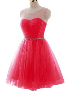 Sleeveless Mini Length Beading and Ruching Lace Up with Coral Red