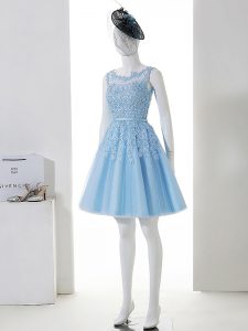 Baby Blue Tulle Zipper Scoop Sleeveless Mini Length Dama Dress for Quinceanera Lace