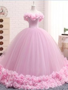 Baby Pink 15 Quinceanera Dress Tulle Brush Train Sleeveless Hand Made Flower