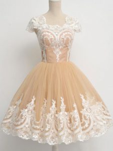 Attractive Square Cap Sleeves Quinceanera Dama Dress Knee Length Lace Champagne Tulle