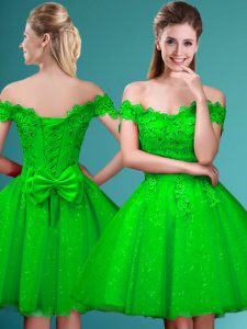 Shining Tulle Cap Sleeves Knee Length Quinceanera Court of Honor Dress and Lace and Belt