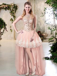 Beauteous Tulle Scoop Sleeveless Zipper Beading and Lace and Appliques Prom Party Dress in Peach