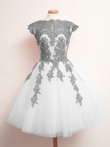 Fashion White Tulle Lace Up Quinceanera Court of Honor Dress Sleeveless Mini Length Appliques