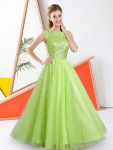 Inexpensive Yellow Green Bateau Backless Beading and Lace Dama Dress Sleeveless