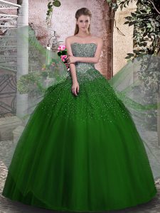 Latest Floor Length Lace Up Quinceanera Dresses Green for Military Ball and Sweet 16 and Quinceanera with Beading