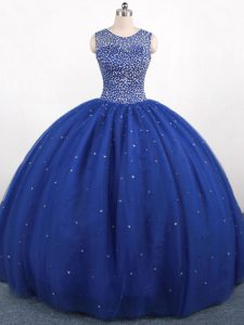 Scoop Sleeveless Sweet 16 Dress Floor Length Beading Royal Blue Tulle
