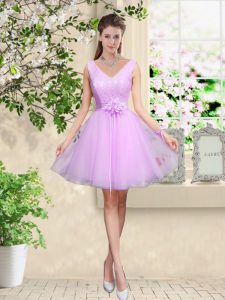 Lilac Lace Up Quinceanera Court of Honor Dress Lace and Belt Sleeveless Knee Length