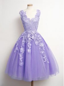 Lavender A-line V-neck Sleeveless Tulle Knee Length Lace Up Appliques Quinceanera Dama Dress