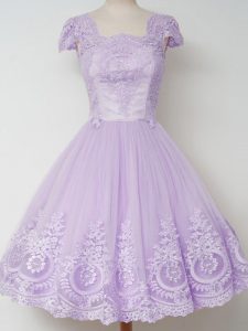 Knee Length Lavender Court Dresses for Sweet 16 Square Cap Sleeves Zipper