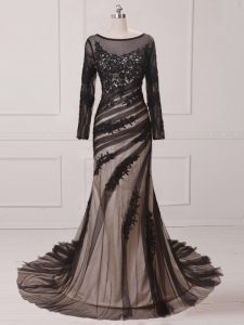 Luxury Lace and Appliques Prom Party Dress Black Zipper Long Sleeves Brush Train